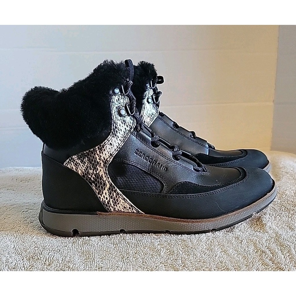 COLE HAAN ZeroGrand Water Resist Hiker Boot Shearling W US 8.5 Blk/Snake W22627